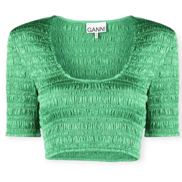 GANNI Green Smocked Cropped Top XS Square Neck Short Sleeve Sustainable Fabric - Picture 2 of 16